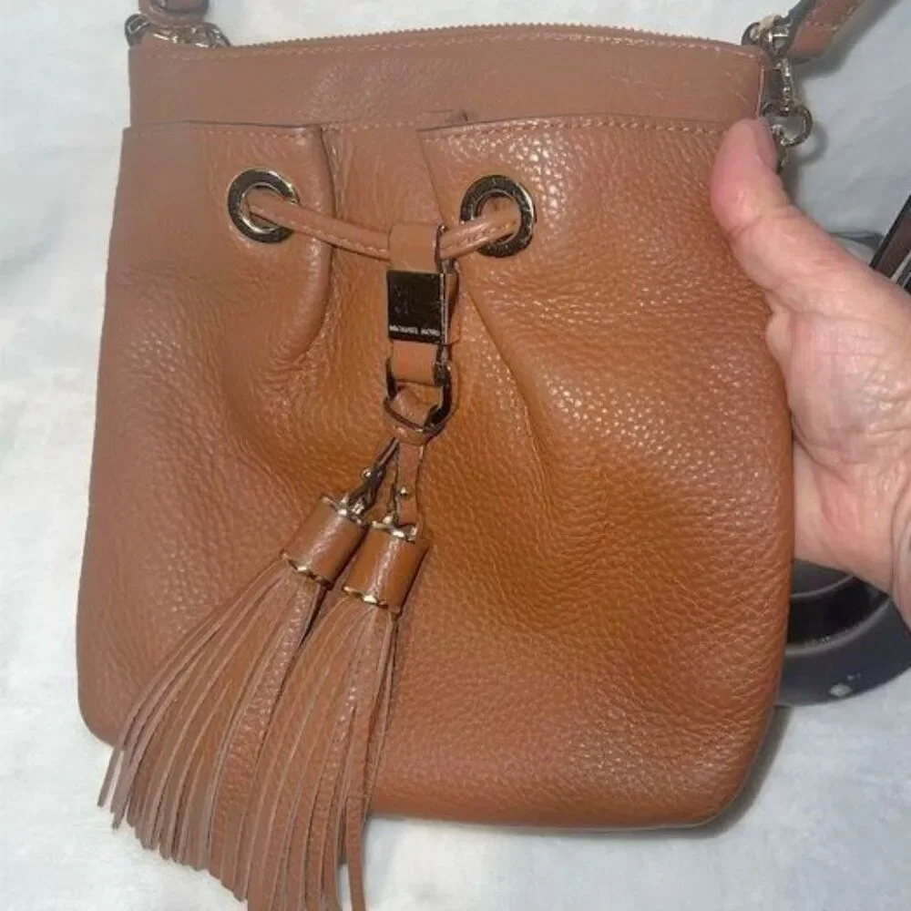 Michael Kors Cognac Brown Leather Crossbody Handbag with Tassel